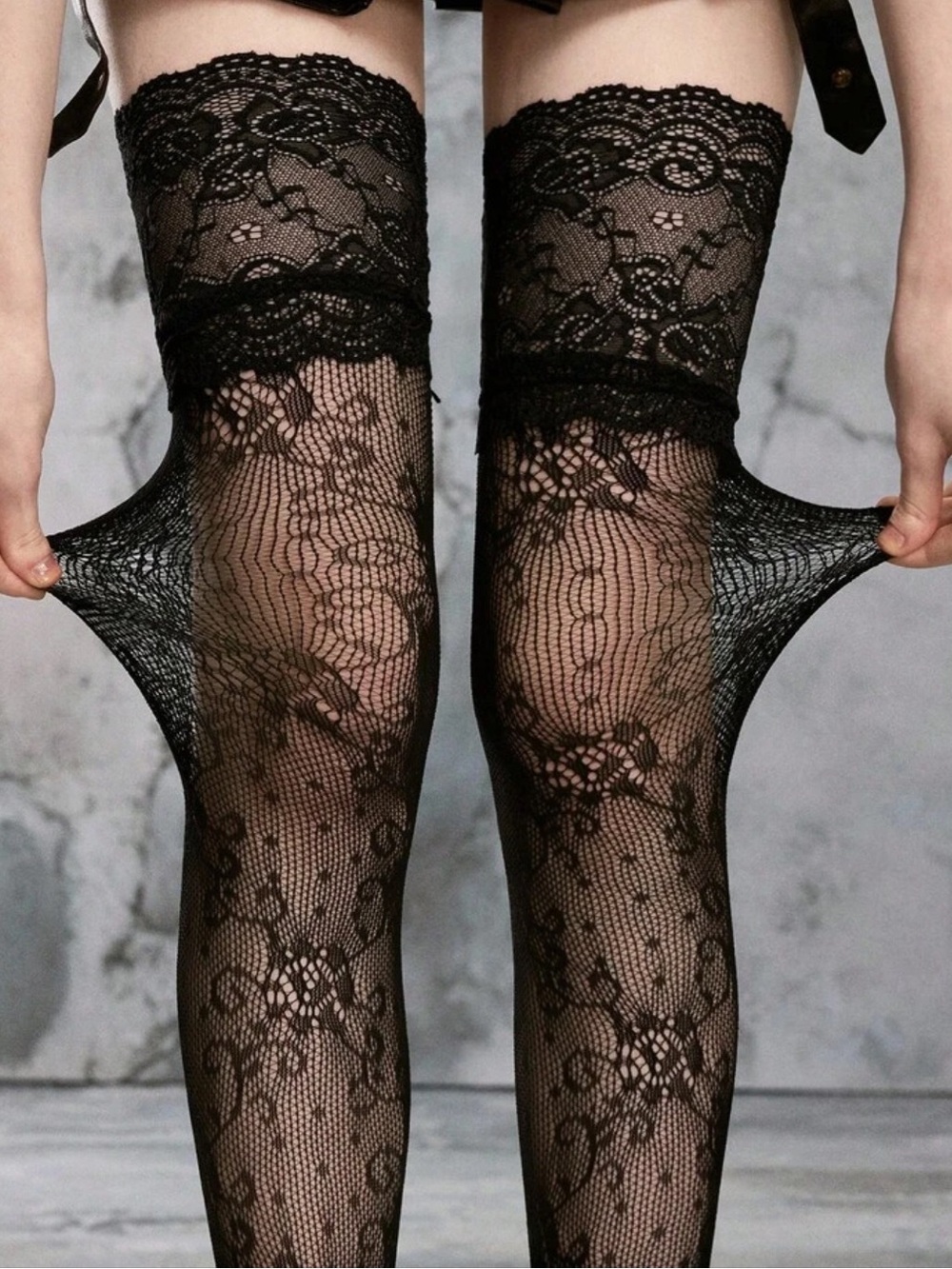 Black Lace Thigh-High Stockings - Classic Sheer Design